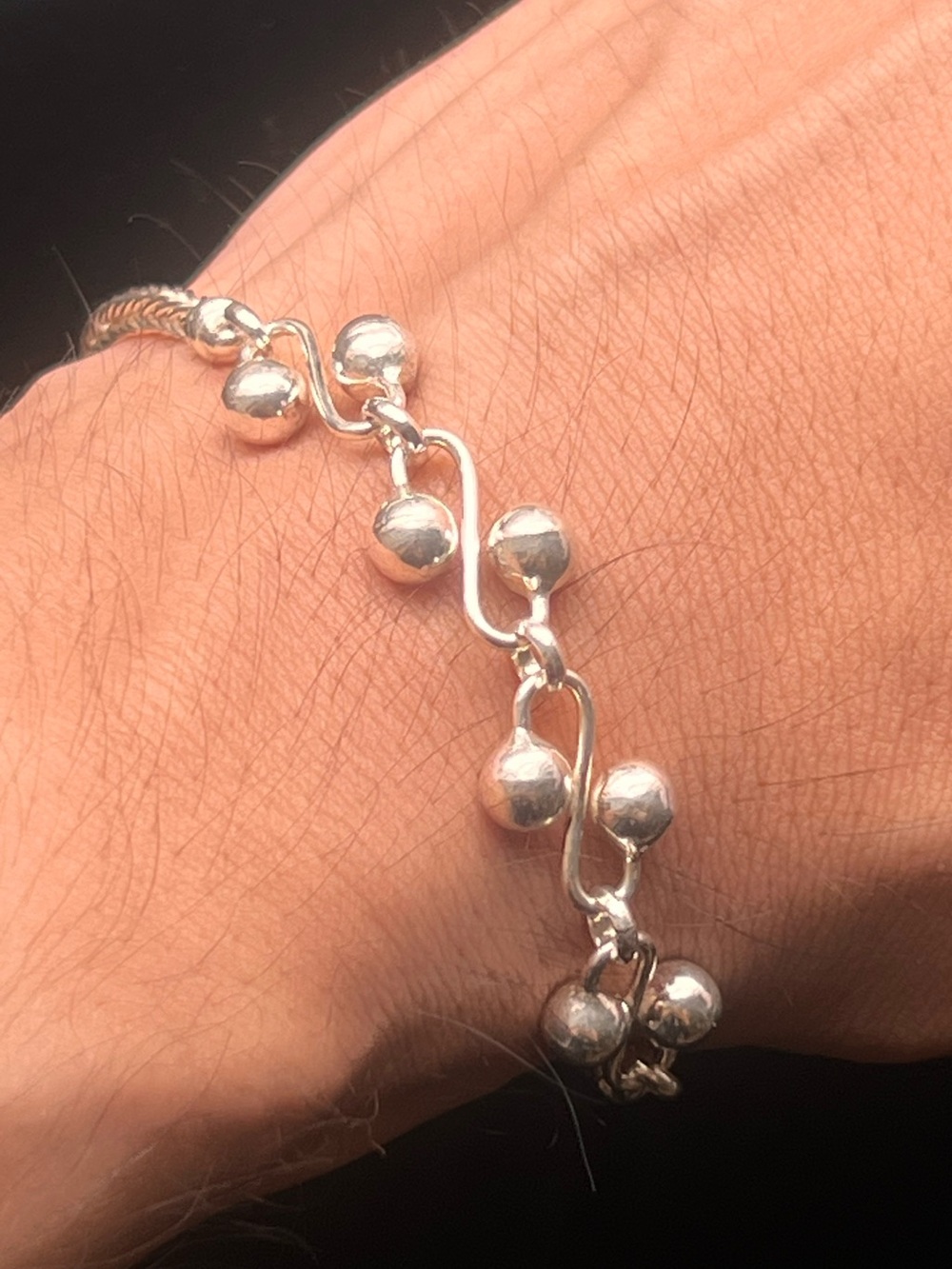 Peruvian 950 Silver Rope Bracelet w Dangling Balls 9.2g